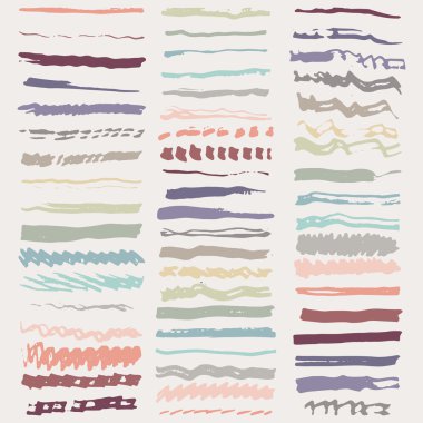Beyaz arka planda yalıtılmış fırça konturlarının vektör kümesi. Pastel renkler. İş geçmişi. Soyut arka plan. Elle çizilmiş fırça darbesi vektör tasarım elemanı.