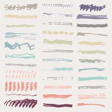 Beyaz arka planda yalıtılmış fırça konturlarının vektör kümesi. Pastel renkler. İş geçmişi. Soyut arka plan. Elle çizilmiş fırça darbesi vektör tasarım elemanı.
