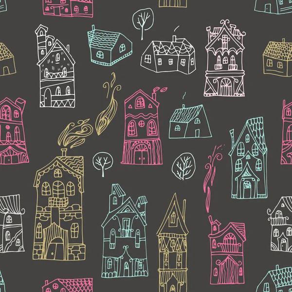Cute seamless pattern with hand drawn houses.  Vector illustration.