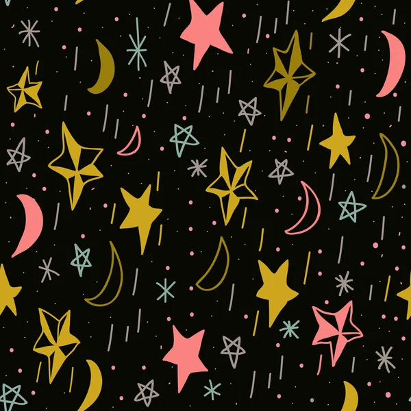 Симпатичный бесшовный узор с нарисованными вручную лунами и звездами. Редактируемая векторная иллюстрация. Темный фон . — стоковый вектор