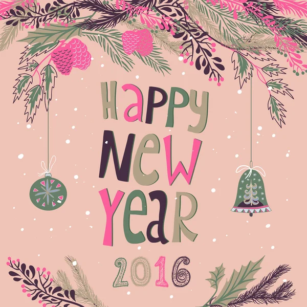 Mutlu yıllar 2016 şube, top, kar tanesi ile tebrik kartı. Dekoratif süs el çizilmiş kart. Dekorasyon festivalleri, xmas, tatil kutlamaları için mükemmel.