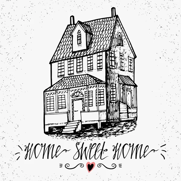 Ręcznie rysowane napis-Home Sweet Home. Szkic domu. Inspirująca Typografia wektorowa. — Wektor stockowy