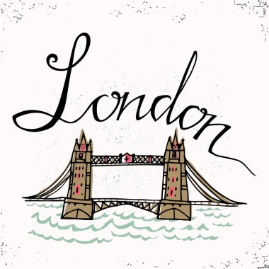 Londra el yazı ve Tower Bridge. Vektör çizim. Elle çizilmiş harfler. Yazı ve tipografik tasarım. Vektör tasarım öğeleri  