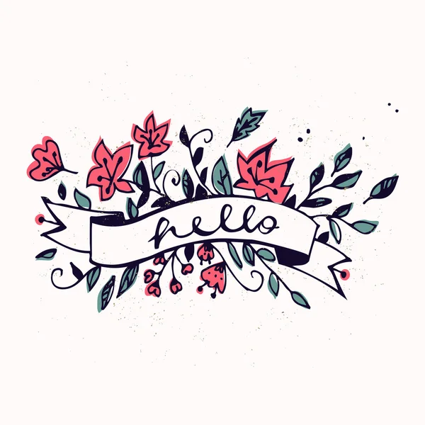 Hallo belettering met lint en met de hand getekende Lentebloemen. Borstel Pen belettering Hello geïsoleerd op de achtergrond. Handgeschreven vector illustratie. Hallo kaart. Decoratieve bloemen frame. — Stockvector