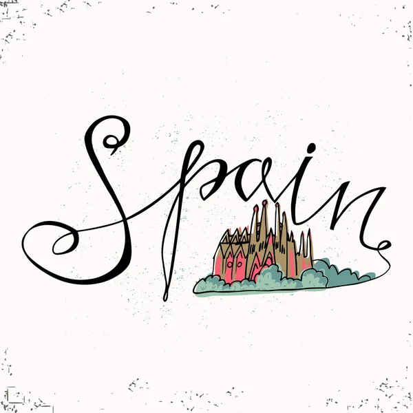 Spagna mano lettering e Chiesa Sacra Famiglia a Barcellona. Illustrazione vettoriale. Le lettere disegnate a mano. Letteratura e disegno tipografico. Elementi di design vettoriale — Vettoriale Stock