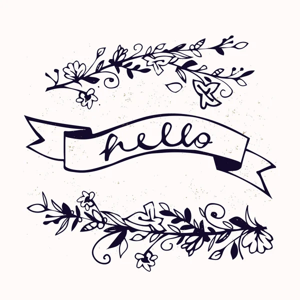 Γεια σας γράμματα με κορδέλα και χέρι συρμένο λουλούδια. Στυλό πινέλο γράμματα Γεια απομονώνονται σε φόντο. Χειρόγραφες διανυσματικά εικονογράφηση. Γεια σας κάρτα. Διακοσμητικά floral κλαδιά. Φυσικά στοιχεία. — Διανυσματικό Αρχείο