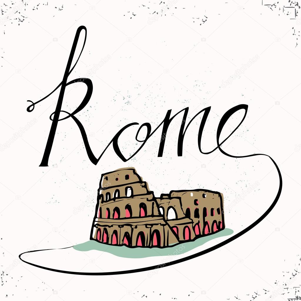 Rome hand lettering and  Colosseum hand drawn. Vector illustration. Lettering and typographic design. Vector design elements  