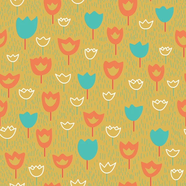 Patrón sin costura vectorial con tulipanes y hierba. Colores naranja y azul . — Archivo Imágenes Vectoriales