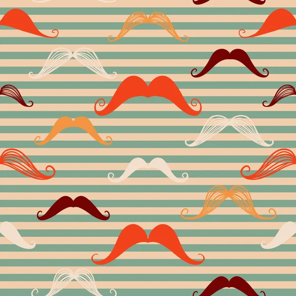 Mustache seamless pattern in vintage style. Pattern or texture with curly retro gentleman mustaches on striped background. — Stock Vector