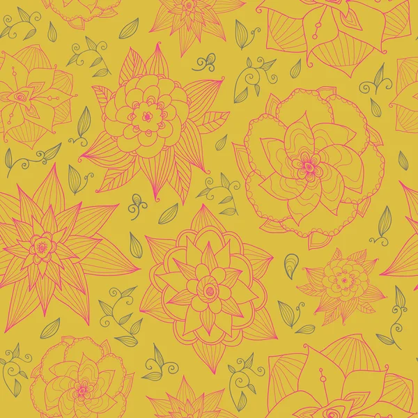 Vector seamless floral wallpaper with hand-drawn flowers pastel colored on yellow background. — Stock Vector