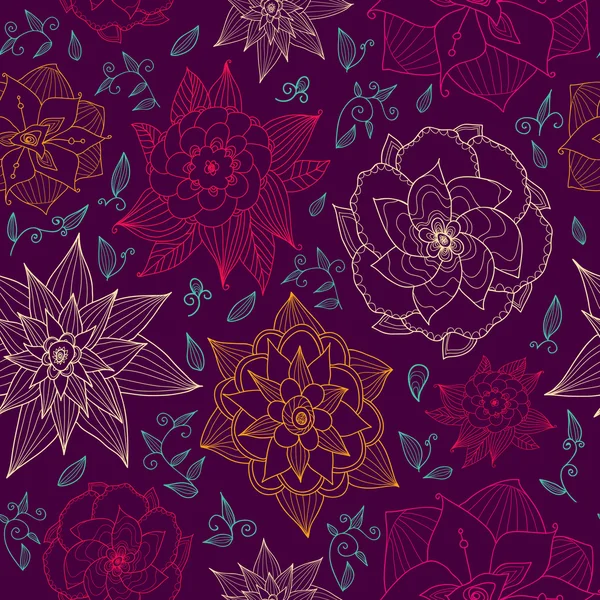 Vector seamless floral wallpaper with hand drawn flowers, brightly colored on dark background. Endless purple background. — Stock Vector