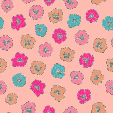 Vector floral pattern with colorful blooming flowers on pink background.