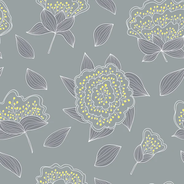 Tender and graceful seamless pattern with hand drawn flowers and leaves . Endless  gray background. — Stock Vector