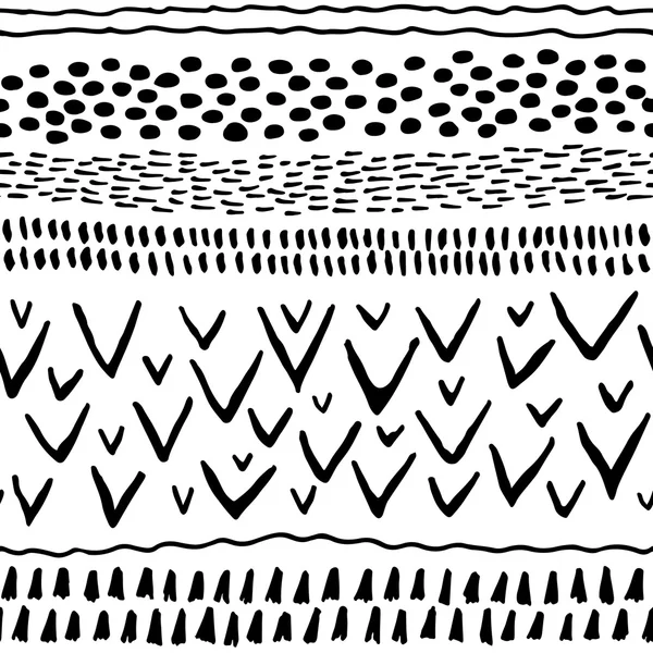 Абстрактні смуги горизонтальний безшовний візерунок. Фон з намальованими фігурами. Білий і чорний кольори . — стоковий вектор