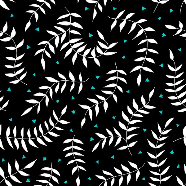 Seamless pattern with leaf and small flowers. Vector illustration. Black backdrop. — Stock Vector