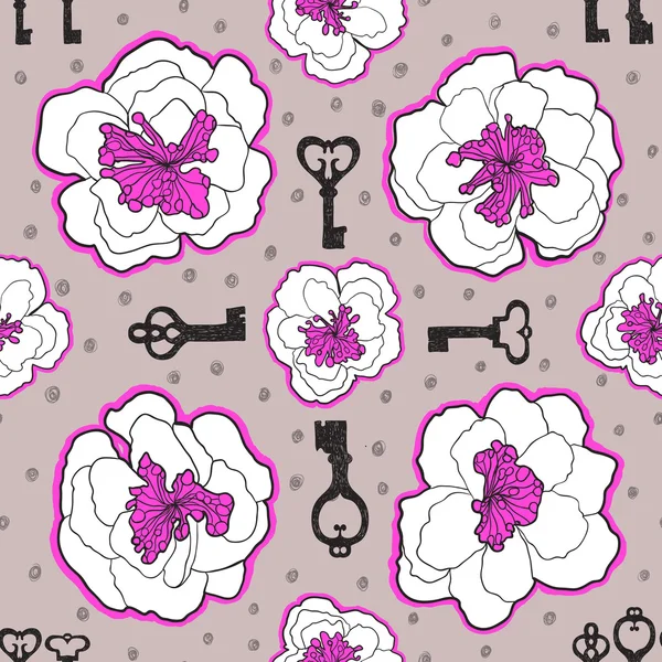 Patrón sin costura floral vectorial con flores y llaves en flor . — Vector de stock