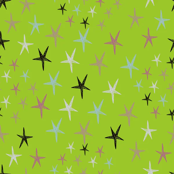 Patrón de estrellas sin costuras con garabatos de colores sobre un fondo verde. Ilustración vectorial . — Archivo Imágenes Vectoriales