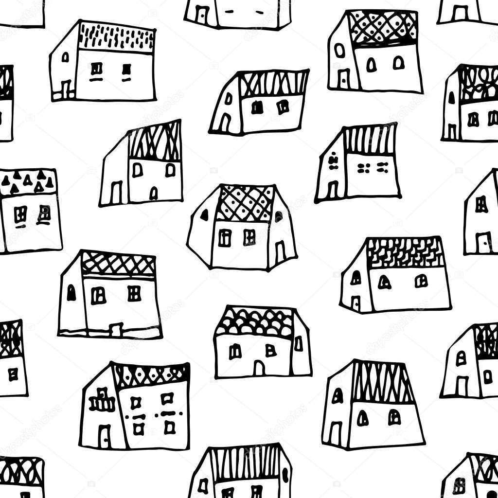 City seamless pattern in black and white is repetitive texture with hand drawn houses.