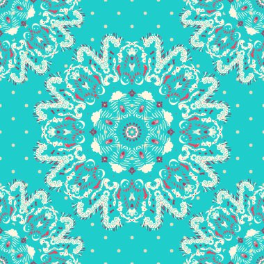 Elegance lace pattern on a blue background with polka dots. Circle ornament, lace. Round pattern.