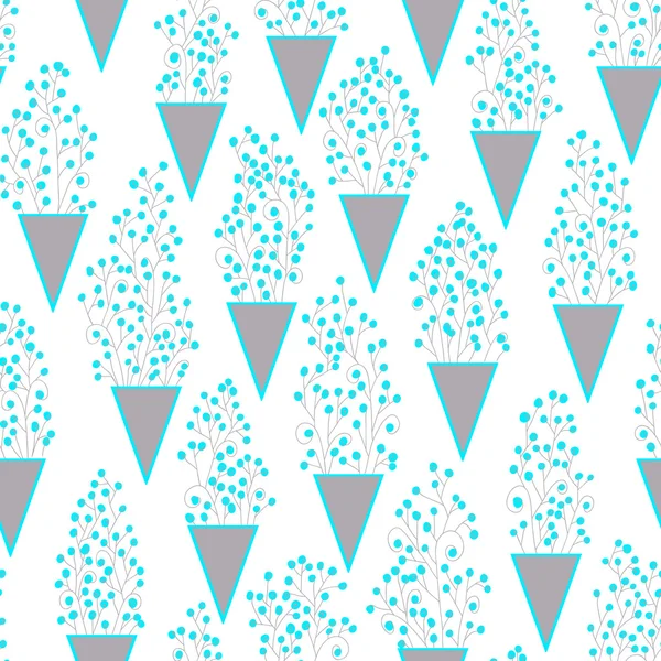 Cute seamless pattern with many small twigs abstract flowers and triangles vases. — ストックベクタ