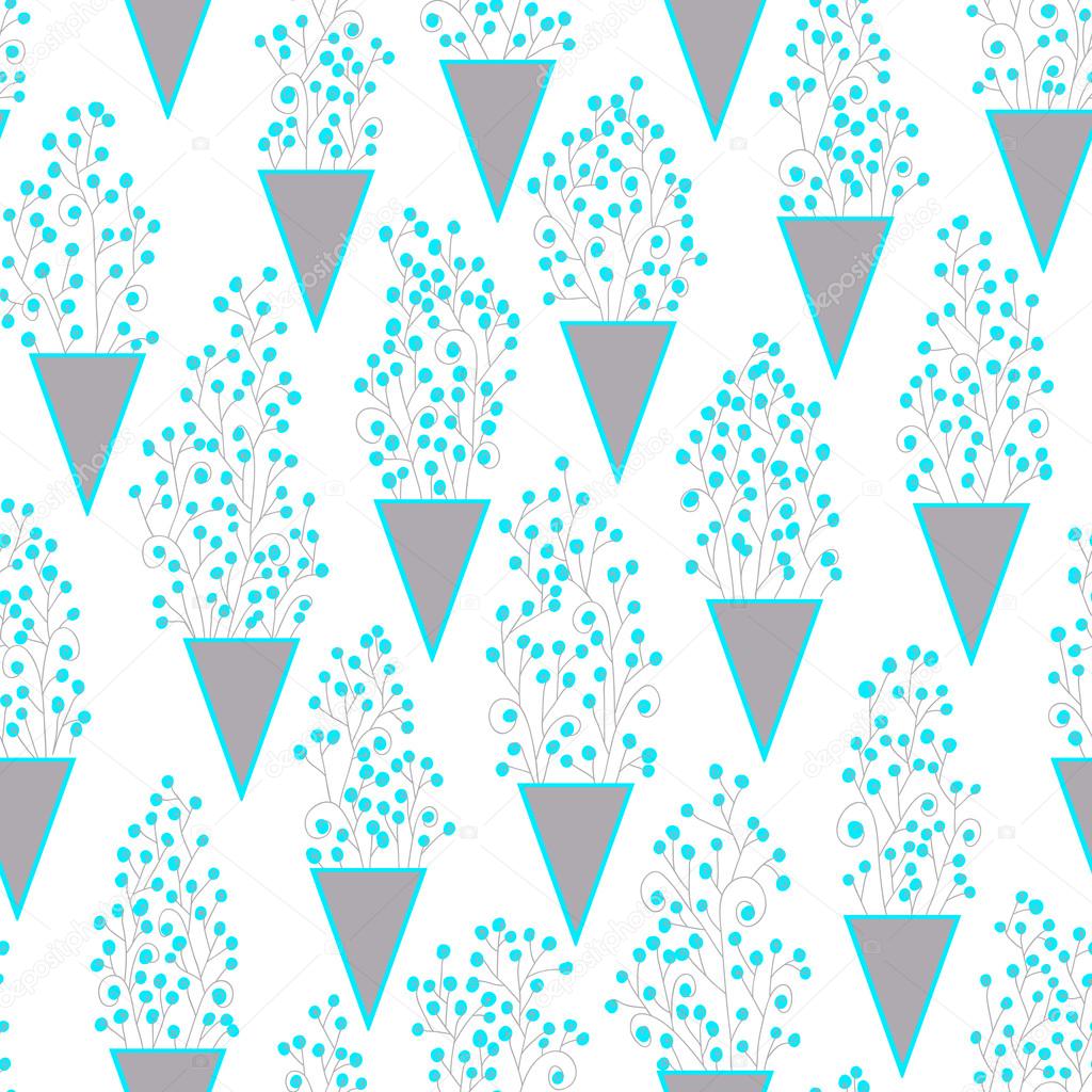 Cute seamless pattern with many small twigs abstract flowers and triangles vases.