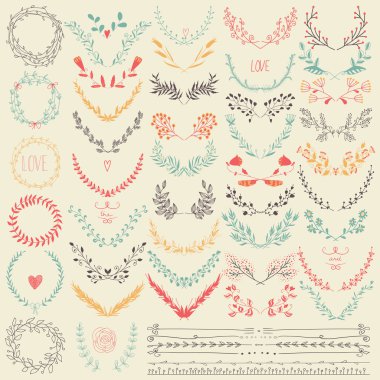 Big collection of hand drawn floral graphic design elements and lines border in retro style. clipart