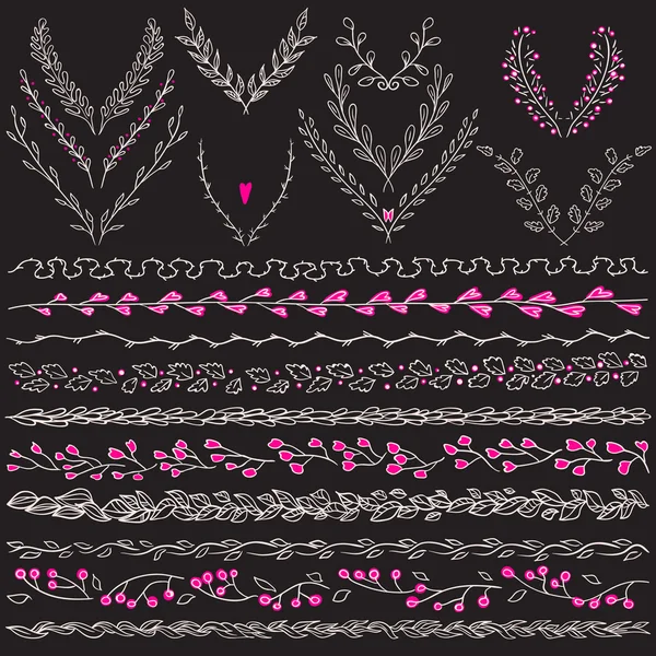 Chalkboard vector set of hand drawn floral graphic design elements frame, divider and lines border. — Stock Vector