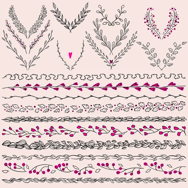 Set of hand drawn floral graphic design elements  and lines border. — Stock Vector