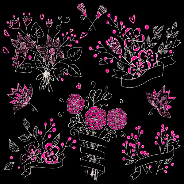 Set of hand drawn cute floral bouquets in vintage style. — Stock Vector