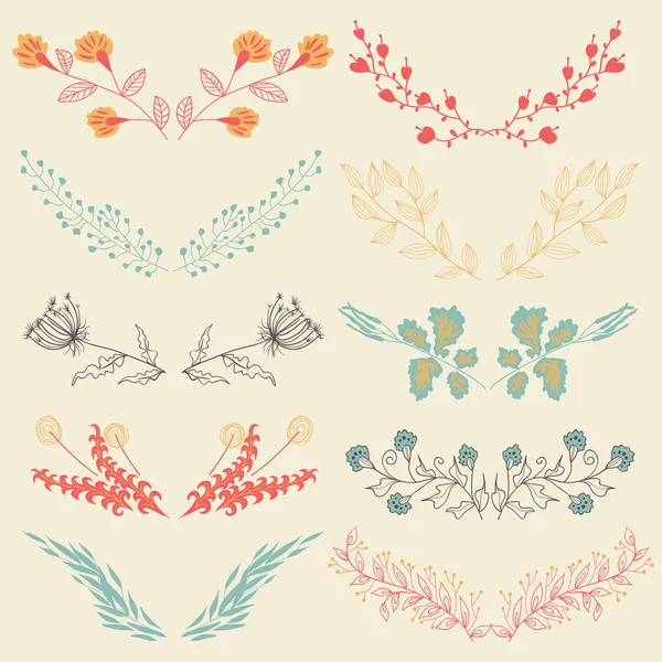 レトロなスタイルの手描き左右対称の花柄のグラフィック デザイン要素のセット. — ストックベクタ