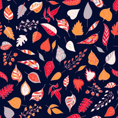 Renkli sonbahar ile Seamless Modeli karanlık bir arka plan üzerinde bırakır. Vektör çizim