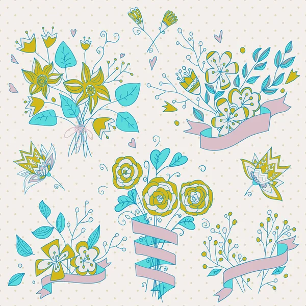 Hand drawn flower bouquet set. Retro flowers. — Stock Vector