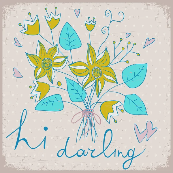 Linda tarjeta de felicitación con ramo de flores y cinta. Ramo de flores dibujado a mano . — Vector de stock