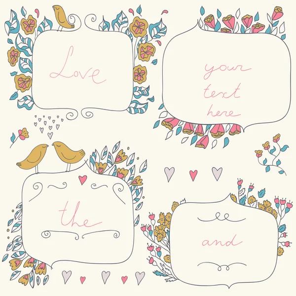 Vector romantic set of floral frames, with couple of birds and hearts in pastel colors. — Stock Vector