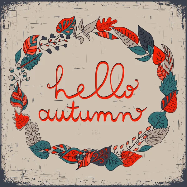 Cadre floral d'automne avec feuilles et texte bonjour automne. Fond floral lumineux dans un style vintage . — Image vectorielle