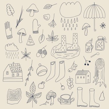 Sonbahar sevimli elemanları yağmur, bulut, şemsiye, mantar, fincan, reçel, yaprak, çilek ve evler ile ayarlanmış. 