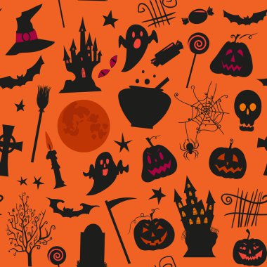 Seamless halloween pattern with , castles, candles, pumpkins, jack o lantern and other simbols.