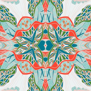 Geleneksel süs desenli bandana. Elle çizilmiş sanatsal desenli arka plan. Parlak renkler.