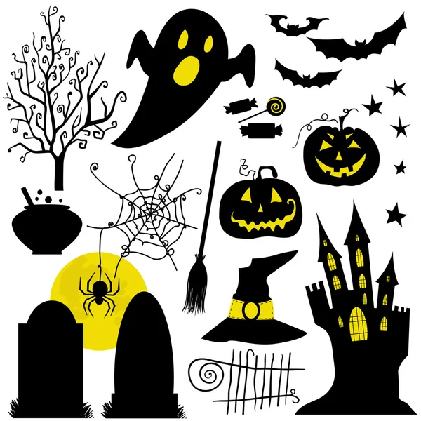 Halloween zwarte en gele pictogrammen instellen. Witte achtergrond. — Stockvector