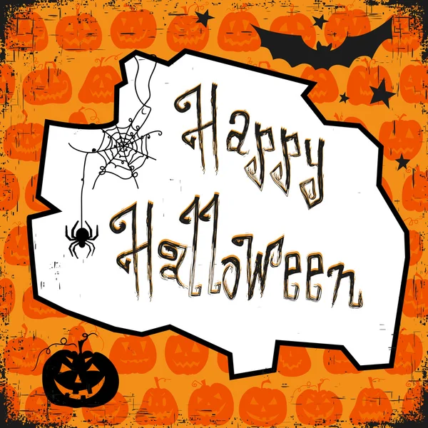 Feliz tarjeta de Halloween. Plantilla de diseño, con calabaza, murciélago, araña y texto feliz Halloween . — Archivo Imágenes Vectoriales