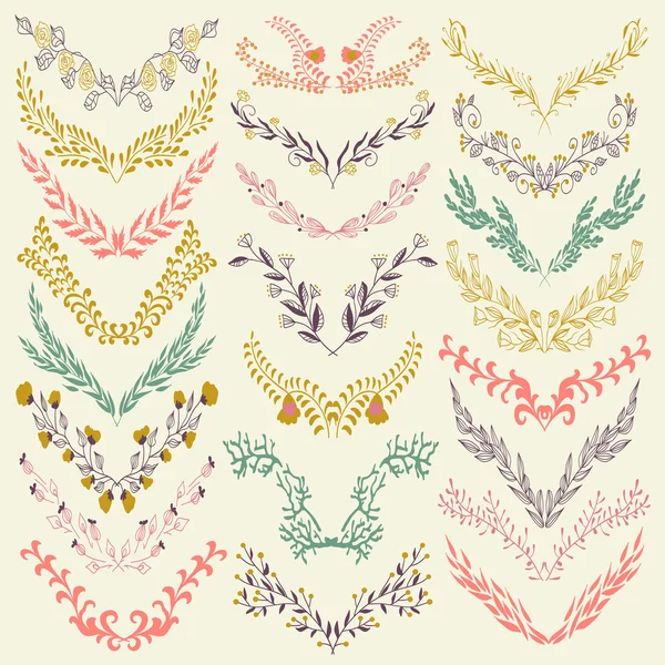 Set of hand drawn symmetrical floral graphic design elements in retro style. — Stock Vector