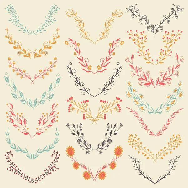 Set of hand drawn symmetrical floral graphic design elements in retro style. — Stock Vector