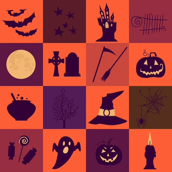 Halloween schwarz und orange Symbole gesetzt. helle Quadrate. — Stockvektor