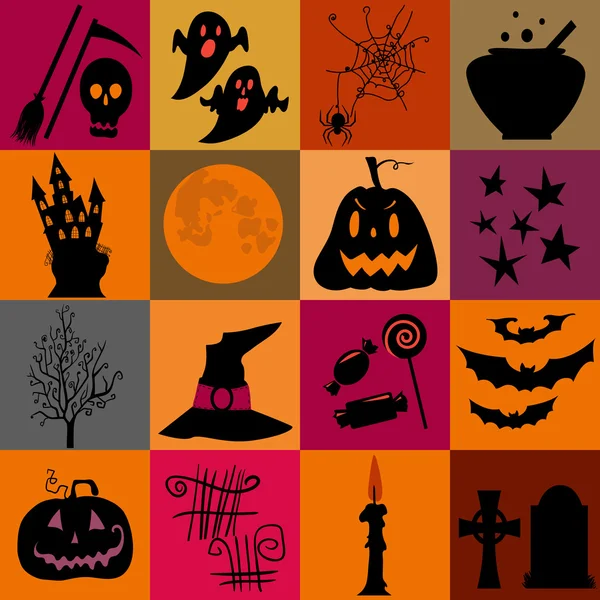 Halloween černé a žluté ikony nastavit. Světlé čtverce. — Stockový vektor