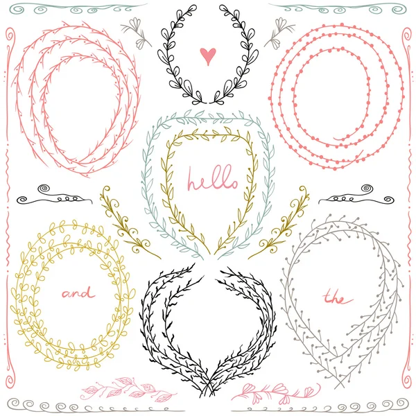 Set  of hand drawn floral frame and  lines border in retro style. Pastel backdrop. Illustration vector. — Stock Vector