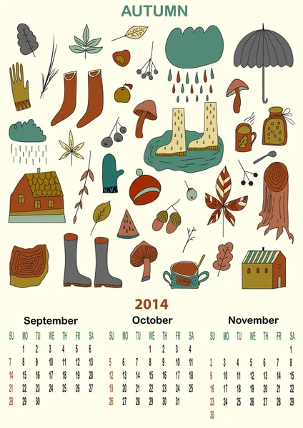 Calendário de outono. Setembro, Outubro, Novembro. Três meses. . — Vetor de Stock