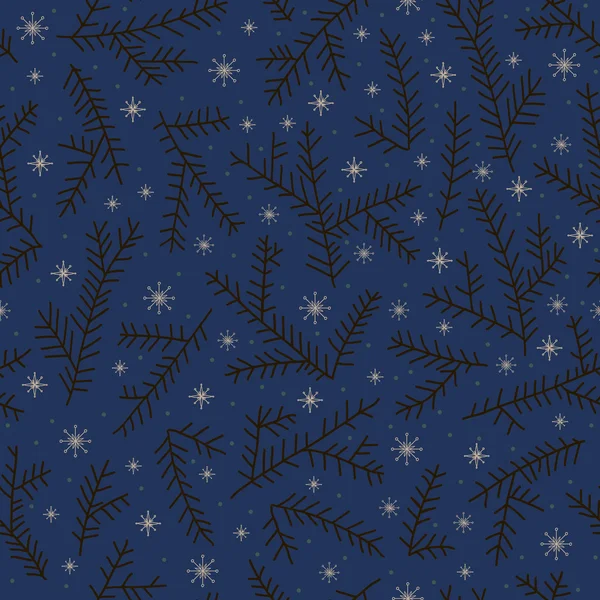 Seamless pattern fir brunch winter snowflake. Dark backdrop. — 图库矢量图片