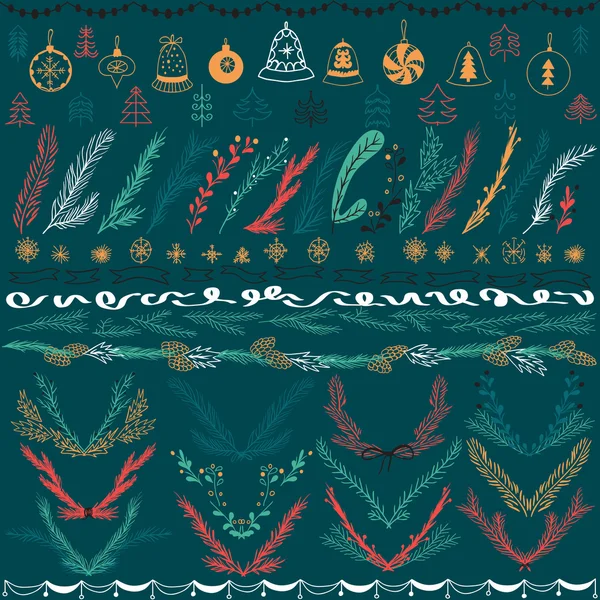 Set of Christmas Hand Drawn Floral Vector Set. Design Elements, Decoration, Ribbons, Laurel, Labels, Wreath and Holidays symbols.Vector illustration.