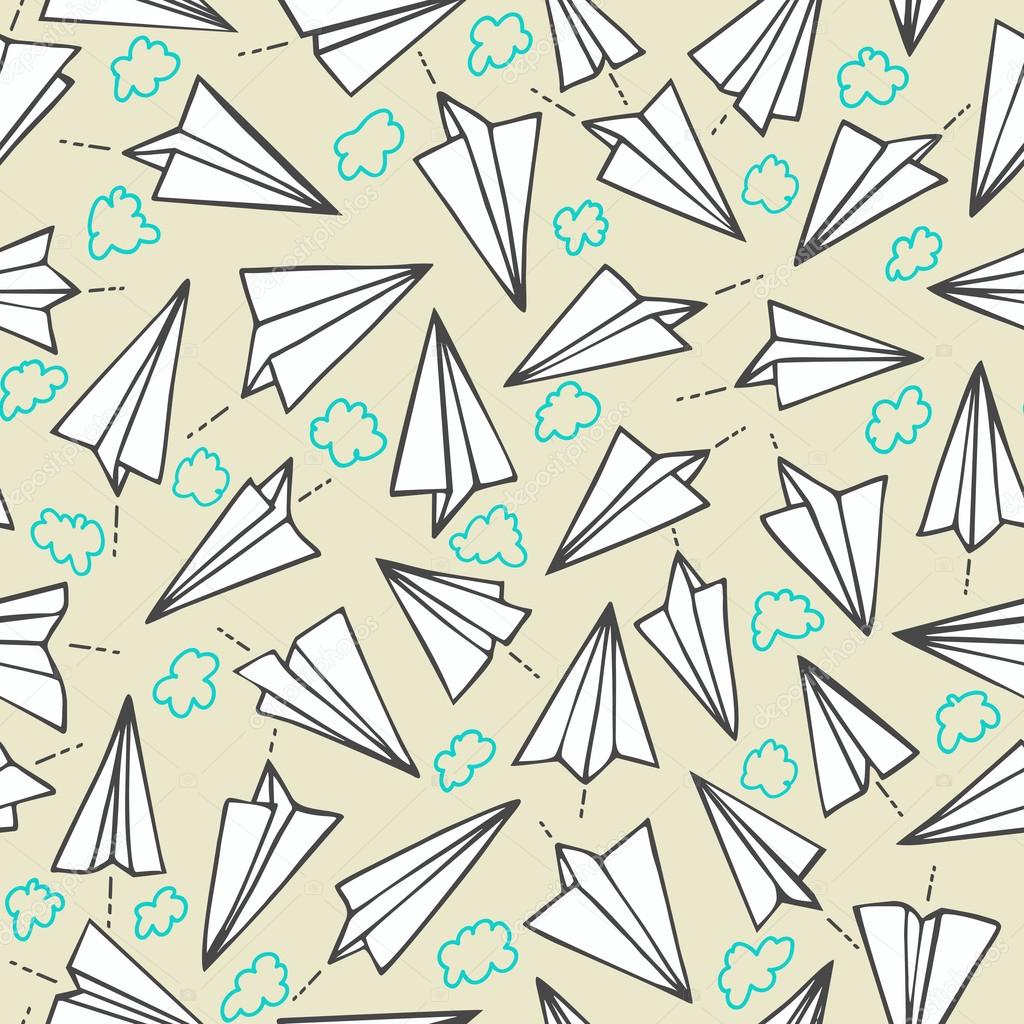 Paper planes and clouds seamless texture  on a pastel background. Illustration in vector format.