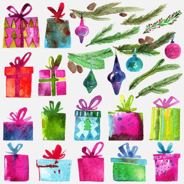 Watercolor Christmas set with gift boxes, holly branches and toys isolated on white background.